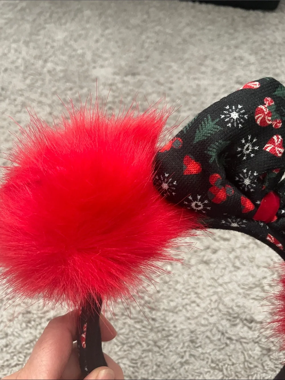 Disney Christmas Red Pom Pom Minnie Ear with Black Holiday Bow
